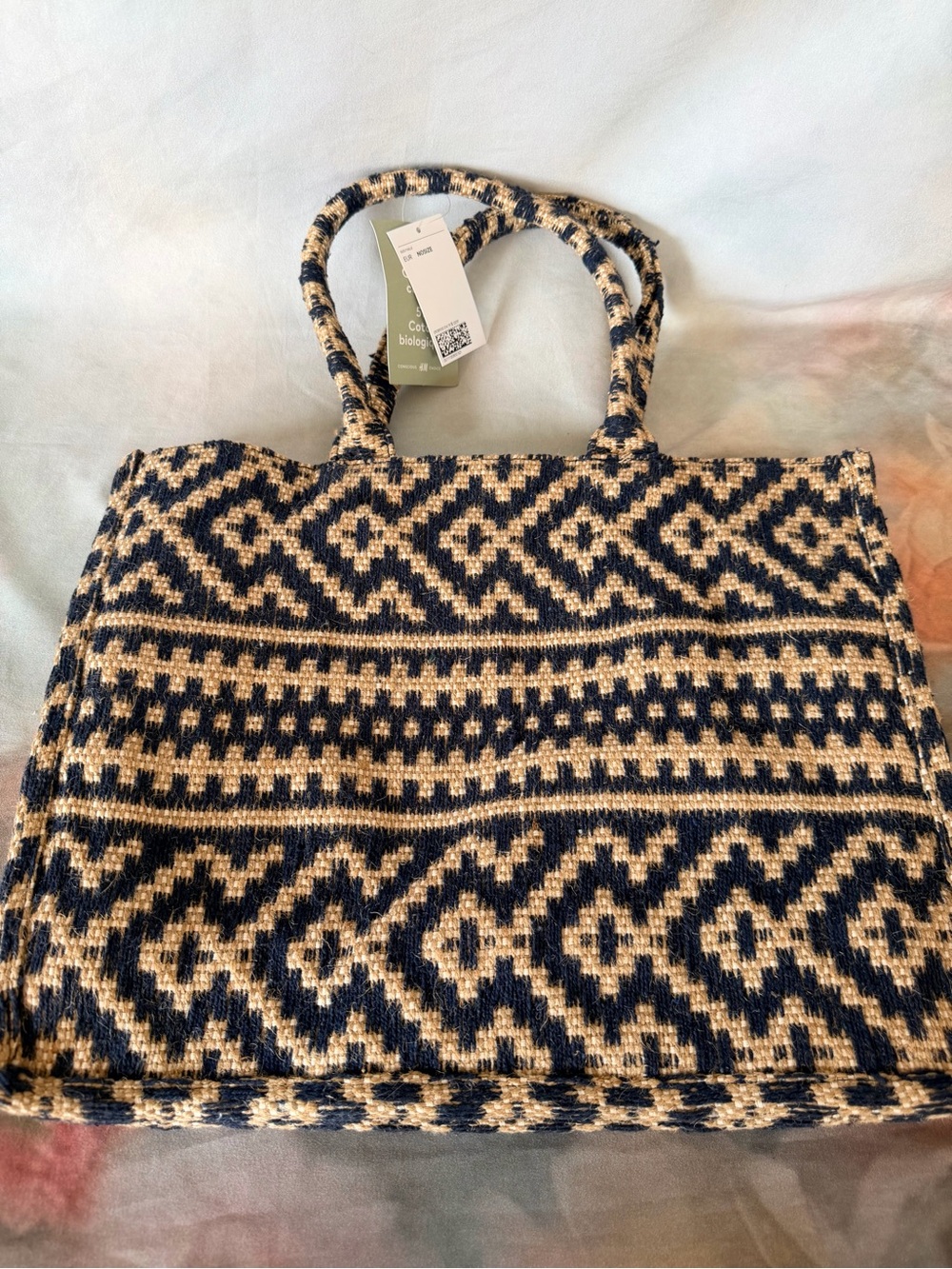 H&M Navy and Cream Geometric Woven Tote